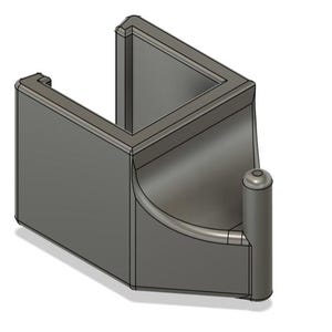 May include: A gray, angular 3D-printed object with a U-shaped design. It features a curved interior and a cylindrical post on one side. The object is rendered against a white background, showcasing its geometric form.
