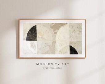 May include: Abstract geometric art print in a light wood frame. The artwork features a composition of overlapping circles and squares in neutral tones of beige, white, and black. The text "MODERN TV ART" and "high resolution" are printed below the artwork.