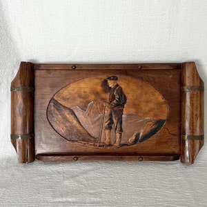 Hand Carved Wood Tray with Alpine Scene | Mountain House Decor | Alpine Art | Signed on Back