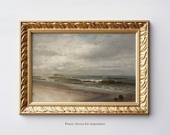 May include: A framed painting of a seascape with a cloudy sky and a sandy beach with waves crashing on the shore.