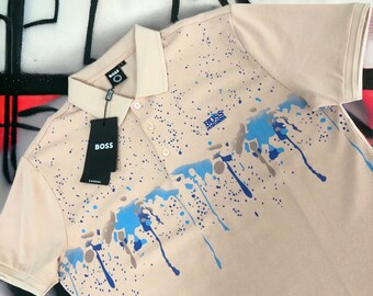 MENS Hugo Boss Embroidered Polo T-Shirt - Paint Splattered Hugo Boss Casual Mens Top For Him Sand M - 2XL