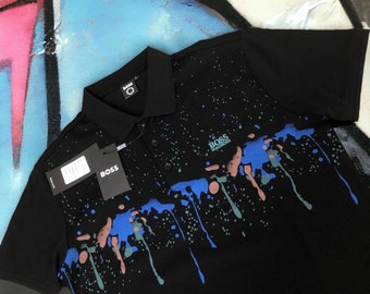 Hugo Boss Mens Polo T-Shirt - Paint Splattered Hugo Boss Top For Him Black Smart Casual Everyday Wear