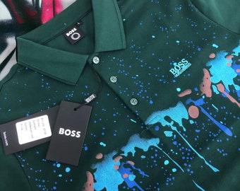 Polo Hugo Boss Polo T-shirt éclaboussé de peinture Hugo Boss Homme Top pour lui Vert foncé en coton Décontracté Porter tous les jours