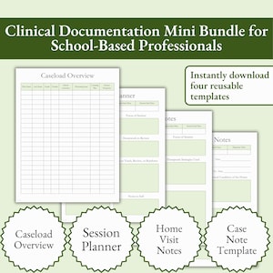 May include: A set of four printable templates for school-based professionals. The templates include a caseload overview, session planner, home visit notes, and a case note template. The templates are designed to help professionals document their work with students.