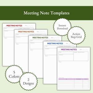 Könnte beinhalten: Fünf verschiedene farbige, druckbare Meeting-Notizvorlagen mit zwei verschiedenen Designs. Die Vorlagen enthalten Abschnitte für Thema, Teilnehmer, Notizen, Agenda und Diskussionspunkte. Eine Vorlage enthält auch ein Aktions-Schritt-Raster mit Abschnitten für Schritt, Priorität, Verantwortlicher und Fälligkeitstermin.