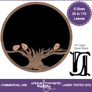 May include: A black and brown wooden family tree with 5 sizes of leaves, ranging from 25 to 175 leaves. The tree has three leaves with the names Scott, Wendy, and James. The tree is on a 25.4 cm easel stand. The image includes the text "COMMERCIAL USE unique moments makery LASER TESTED SVG".
