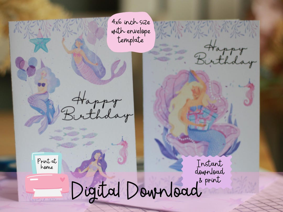 Printable Mermaid Birthday Card Template 4 Designs Patterned Envelope - Etsy