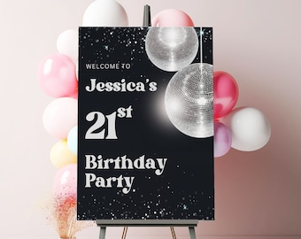 Disco Ball Birthday Welcome Sign, Black & Silver (Instant Download)