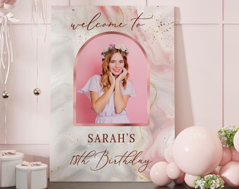 Rose Gold Birthday Welcome Sign Template – Photo Party Decor (INSTANT DOWNLOAD)