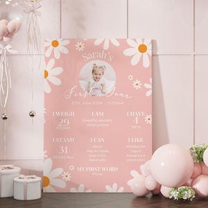 Modèle de carte d'étape importante pour le premier anniversaire de la marguerite rose, signe d'étape importante pour la 1re année, thème bohème Daisy, 1er anniversaire de fille, TÉLÉCHARGEMENT MODIFIABLE