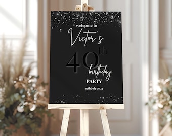 Digital Black and Silver Birthday Party Welcome Sign Template Editable Black and Silver Party Sign Editable - Digital INSTANT DOWNLOAD