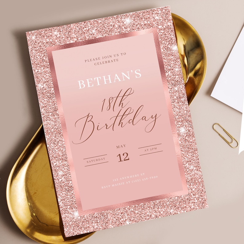 Printable Rose Gold Birthday Invitation Template, Canva Pink Birthday