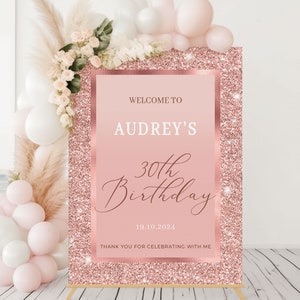 Plantilla editable de signo de bienvenida de oro rosa Signo de fiesta de cumpleaños número 21 rosa Signo de cumpleaños número 18 de oro rosa Signo de bienvenida 30 - DESCARGA INSTANTÁNEA