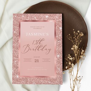 Printable Rose Gold Birthday Invitation Template, Canva Pink Birthday
