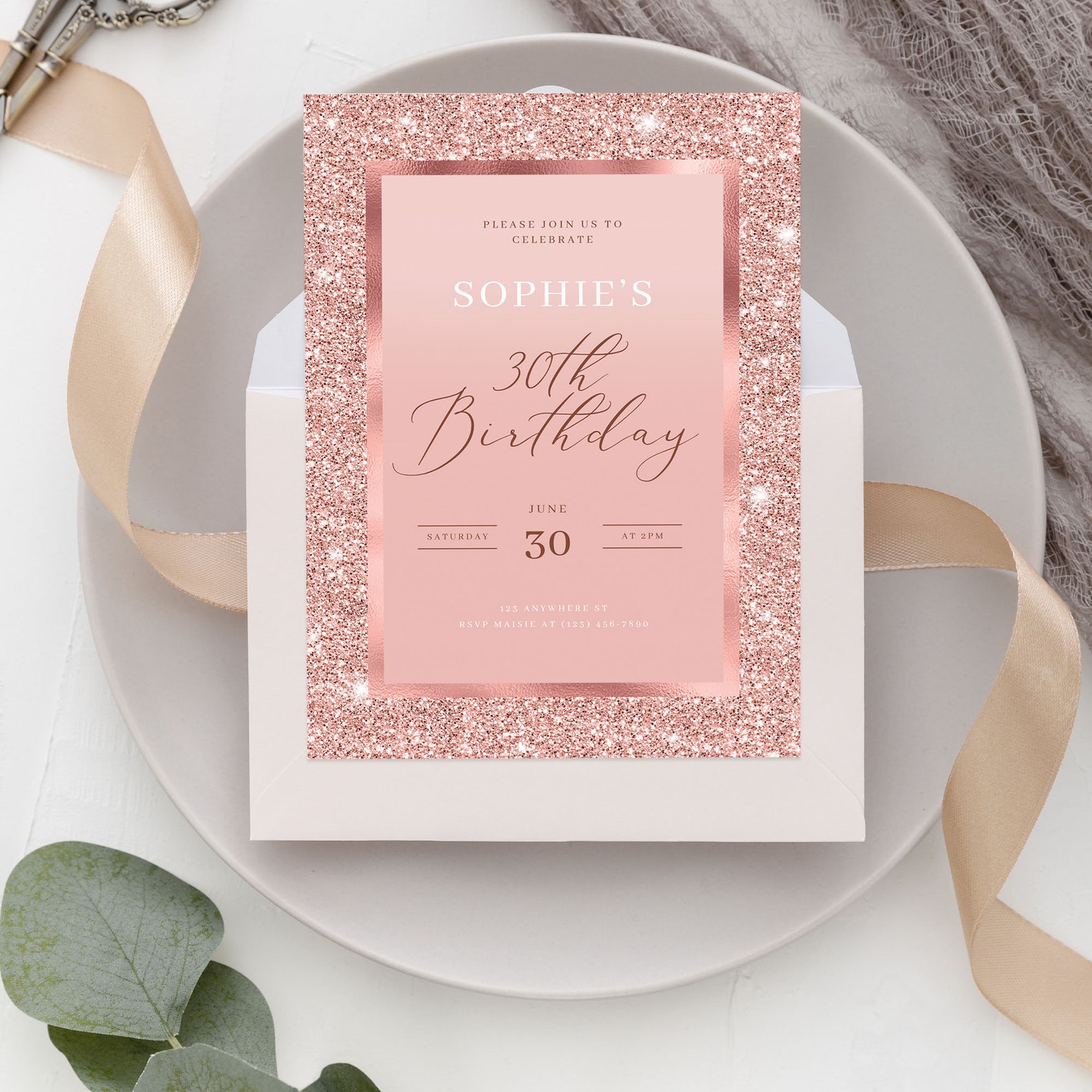 Printable Rose Gold Birthday Invitation Template, Canva Pink Birthday