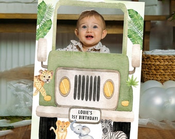 Wild One Birthday Photobooth Frame, Jeep Safari Birthday Party, Safari Party, 1st Birthday Party, Wild and Two, Canva Instant Download