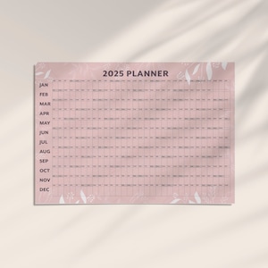 Pink Annual Yearly Calendar 2025 Year Planner Printable Digital Calendar 2025 Wall Planner Year at a glance, INSTANT PDF DOWNLOAD