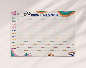 Retro Printable 2026 Wall Calendar Digital Year Planner Printable Annual Calendar 2026 Wall Planner Year at a glance, INSTANT PDF DOWNLOAD