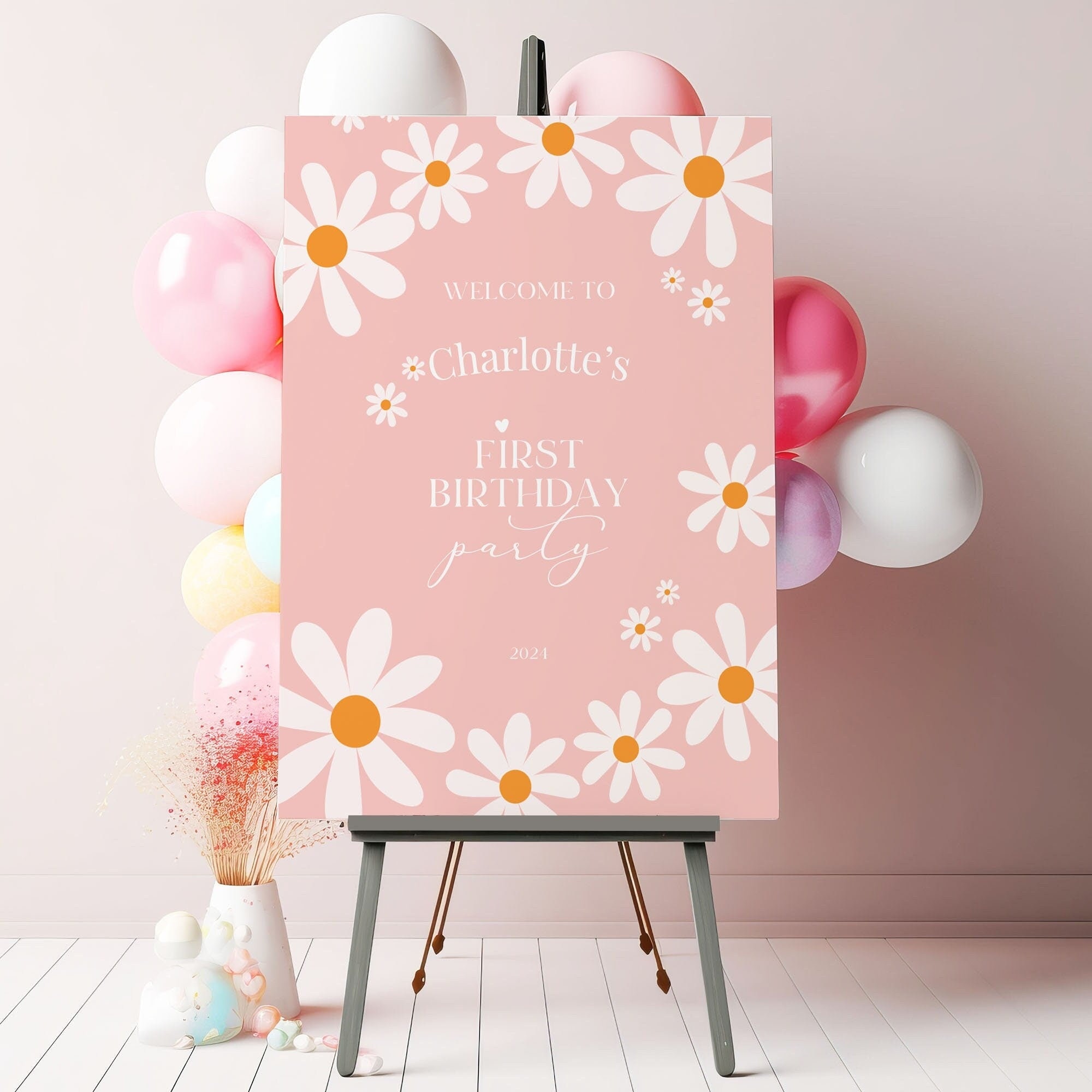 Pink Daisy First Birthday Welcome Sign Template (digital Download) - Etsy