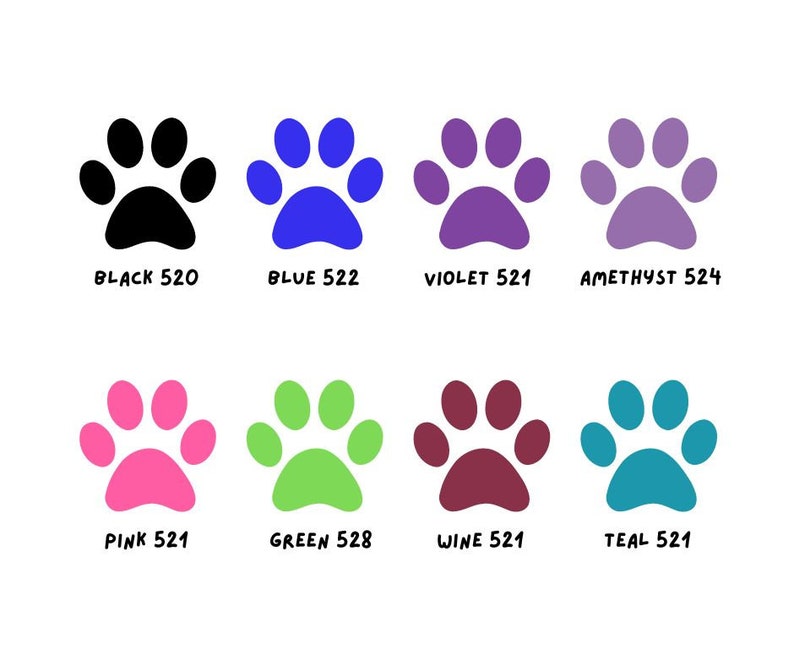 K&ouml;nnte beinhalten: Acht Pfotenabdr&uuml;cke in verschiedenen Farben, darunter Schwarz, Blau, Violett, Amethyst, Rosa, Gr&uuml;n, Wein und Teal. Jeder Pfotenabdruck hat einen Farbnamen und eine Nummer darunter.