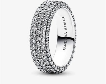 Anello a tripla fila con pavé senza tempo in argento sterling Pandora S925, anello di San Valentino fatto a mano, anello con ciondolo, regalo per lei