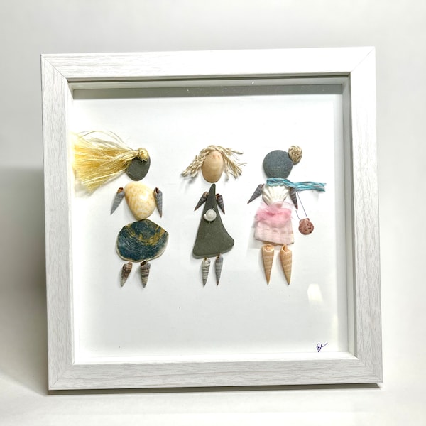 Handmade Seashell and Pebble Shadowbox Framed Art - "Three Ladies"