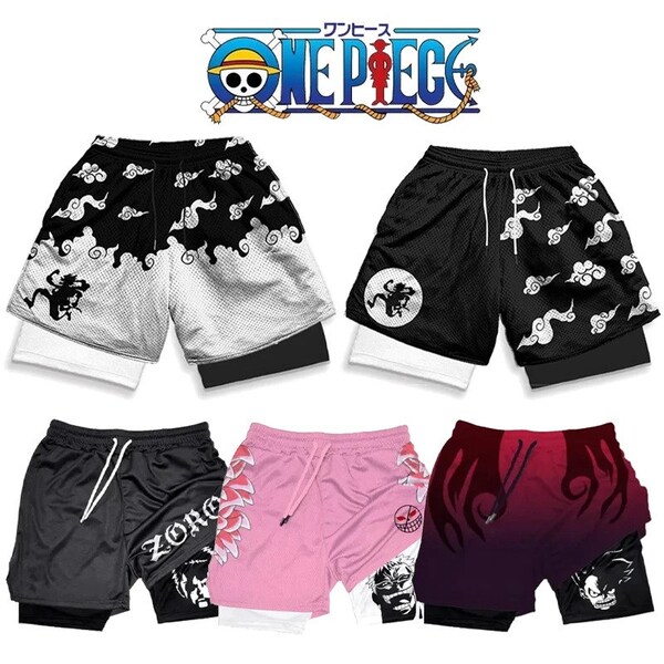 ONE PIECE Rufy Pantaloncini da corsa Anime Uomo 2 in 1 Pantaloncini sportivi GYM Gear Nika Doflamingo Pantaloncini da spiaggia da allenamento