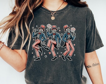 Comfort Colors Dancing Skeletons Tee, Retro Patriotic 4th of July Shirt with Skeleton & Firework Spark, American Flag Shirt, Red White Blue