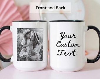 Personalized photo mug, black and white design, custom coffee mug with text and photo, personalized gift for couples, family and friends.