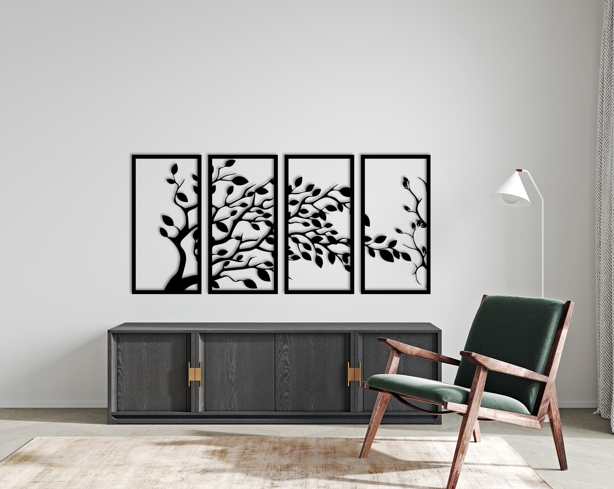 Modern Metal Wall Art 4-panel Tree Branch Decor Minimalist Black Bird ...