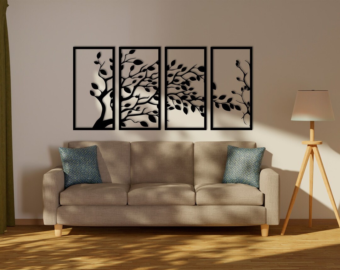 Modern Metal Wall Art 4-panel Tree Branch Decor Minimalist Black Bird ...