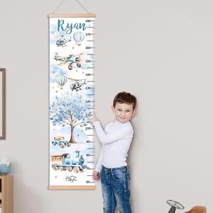 Personalized Growth Chart for Boys Nursery Decor, Transportation Wall Art with Cars Trains, Nursery Growth Chart, Children&#39;s Growth Chart