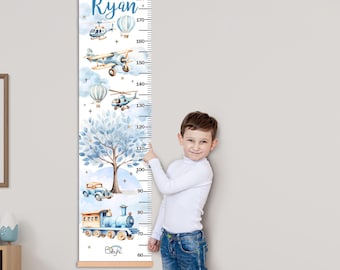 Personalized Growth Chart for Boys Nursery Decor, Transportation Wall Art with Cars Trains, Nursery Growth Chart, Children&#39;s Growth Chart
