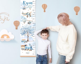Personalized Blue Transportation Growth Chart, Airplane Train Height Ruler with Custom Name, Boys Nursery Wall Decor, Nursery Wall Decor