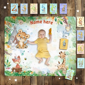 Couverture personnalisée pour bébé, animaux de safari, nom personnalisé de suivi de la croissance mensuelle de la jungle, toile de fond photo nouveau-né, cadeau de baby shower