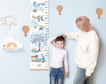 Tabla de crecimiento de aventuras, Tabla de crecimiento de transporte azul personalizada, Regla de altura de avión y tren con nombre personalizado, Decoración de pared para habitación infantil