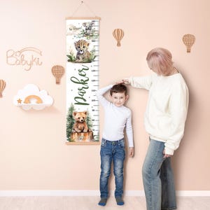 Hoogtetabel bosdieren met aangepaste naam, groeimeter met beer en lynx, aquarel kinderkamerdecoratie, uniseks verjaardagscadeau peuter