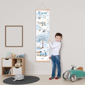 Personalized Growth Chart Boys Nursery, Custom Name Height Chart Wall Art, Transportation Themed Nursery Decor, Boys Bedroom Growth Chart