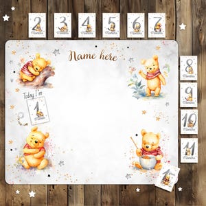Couverture Milestone avec cartes, cadeau de baby shower neutre, toile de fond photo de bébé avec cartes mensuelles, décoration de toile de fond pour nouveau-né avec ours mignon