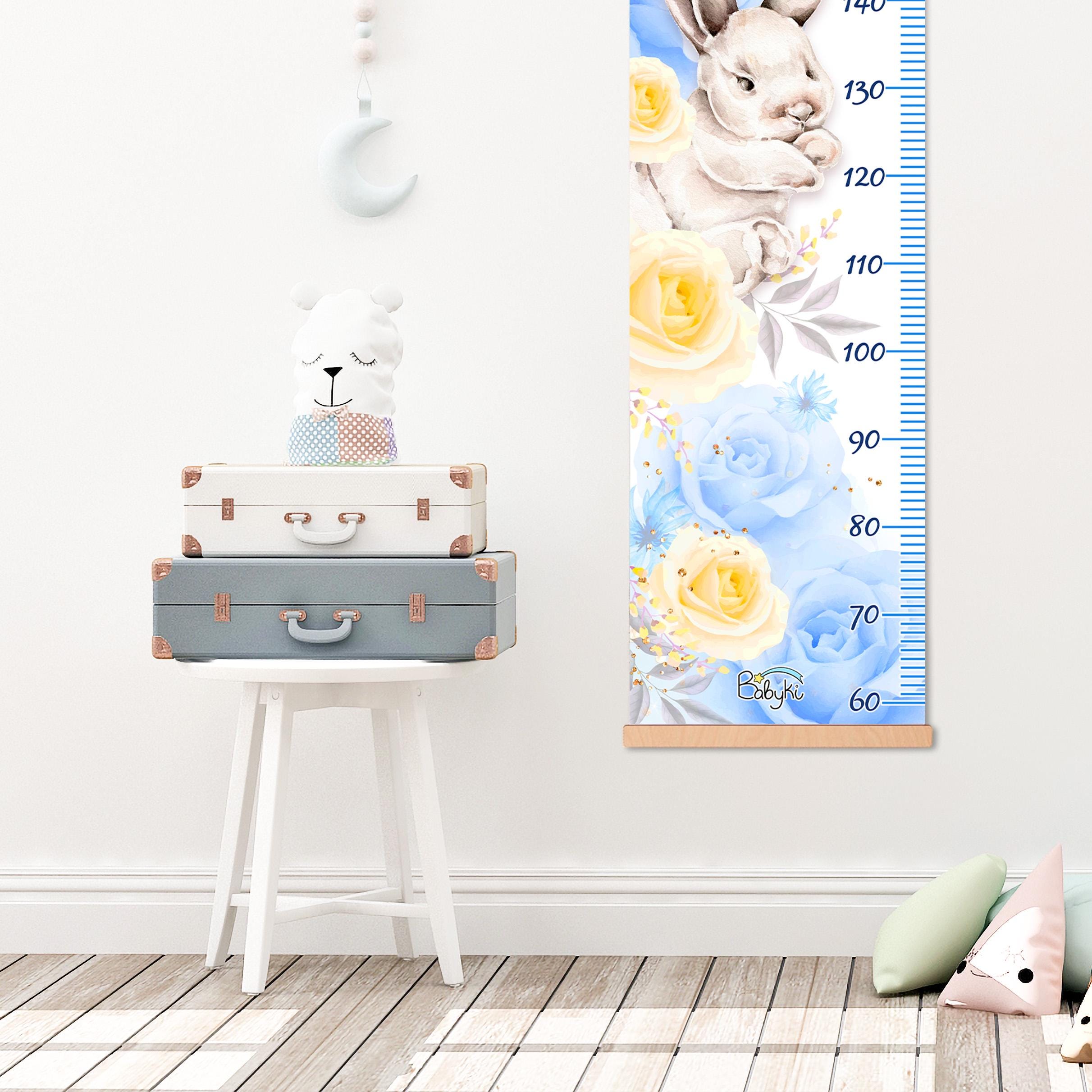 Personalized Bunny Height Chart for Kids, Blue Floral Rabbit Design ...