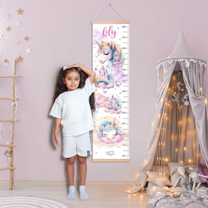 Gepersonaliseerde eenhoorn groeimeter voor meisjes, aangepaste naam hoogteliniaal, regenboog prinses kamerdecor, magisch kinderdagverblijfcadeau, kunst meisjes slaapkamer