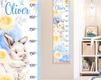 Gepersonaliseerde hoogtetabel konijn voor kinderen, blauw konijn bloemenontwerp, aangepaste groeimeter naam, muurdecoratie kinderkamer, kraamcadeau