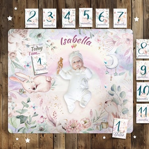 Couverture personnalisée pour bébé avec cartes mensuelles, arrière-plan photo en microfibre de qualité supérieure, nom personnalisé de suivi de la croissance de bébé, accessoire de photographie pour nouveau-né