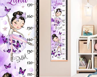 Cartoon ballerina gepersonaliseerde groeimeter met naam, hoogtetabel voor kinderen kinderkamercadeau, kamerdecoratie dansmeisje op stoffen banner