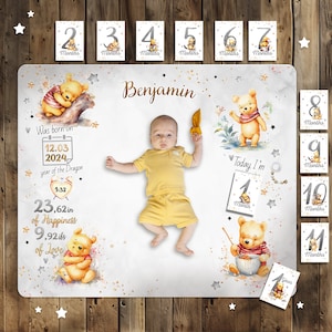 Coperta Milestone con biglietti, regalo per baby shower neutro, sfondo per foto di neonati con biglietti mensili, decorazione per sfondo neonato con simpatico orsetto