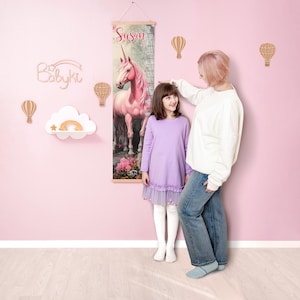 Gepersonaliseerde eenhoorngroeimeter, roze hoogteliniaal, decor meisjeskamer, canvas muurhanger, hoogtemeter voor kinderen, magische kinderkamerkunst