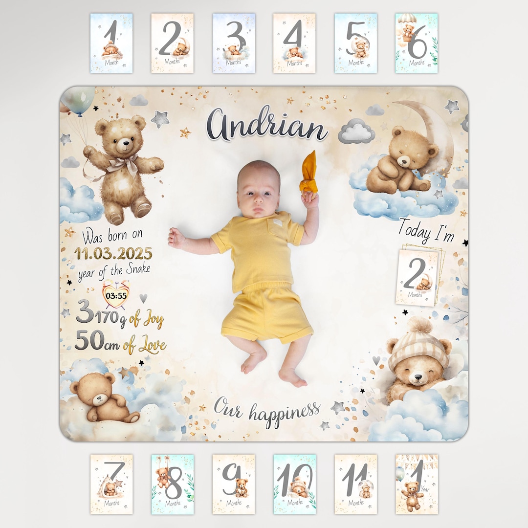 Teddy Bear Cloud Milestone Blanket, Monthly Growth Photo Prop for ...