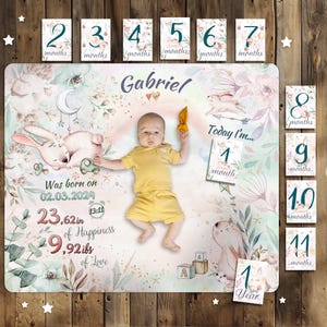 Ensemble de couvertures Milestone avec cartes du mois, couverture photo sur la croissance de bébé pour nouveau-né, couverture de bébé personnalisée, premier an de bébé, cadeau de baby shower