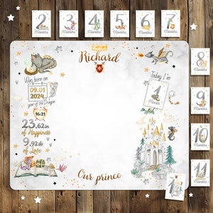 Couverture personnalisée pour bébé, parcours de croissance Prince, cartes-photos mensuelles, couverture pour bébé avec nom personnalisé, accessoire de photographie, cadeau de baby shower