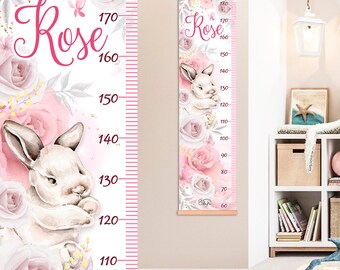 Gepersonaliseerde groeigrafiek baby, decor konijn, babykamerdecoratie, kunst aan de muur hoogtemeter babymeisje, aangepaste hoogtegrafiek konijn, babykamerdecoratie cadeau